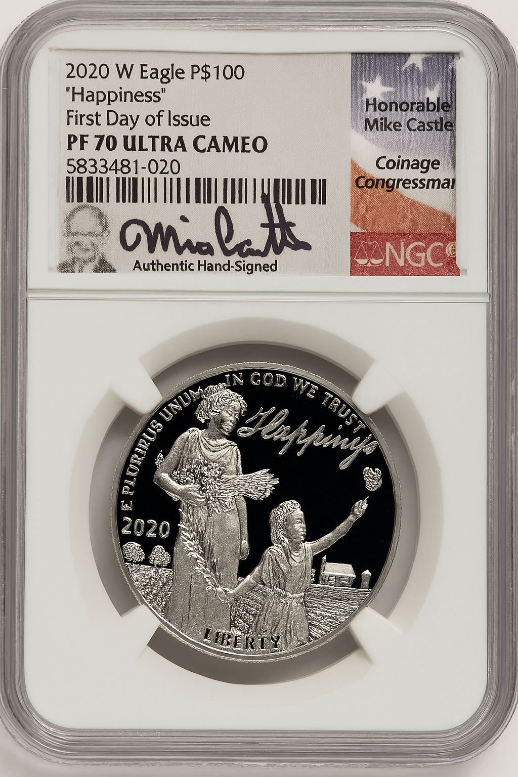 2020-W $100 One Ounce Platinum Eagle Happiness PRDC FDI Mike Castle NGC PF70