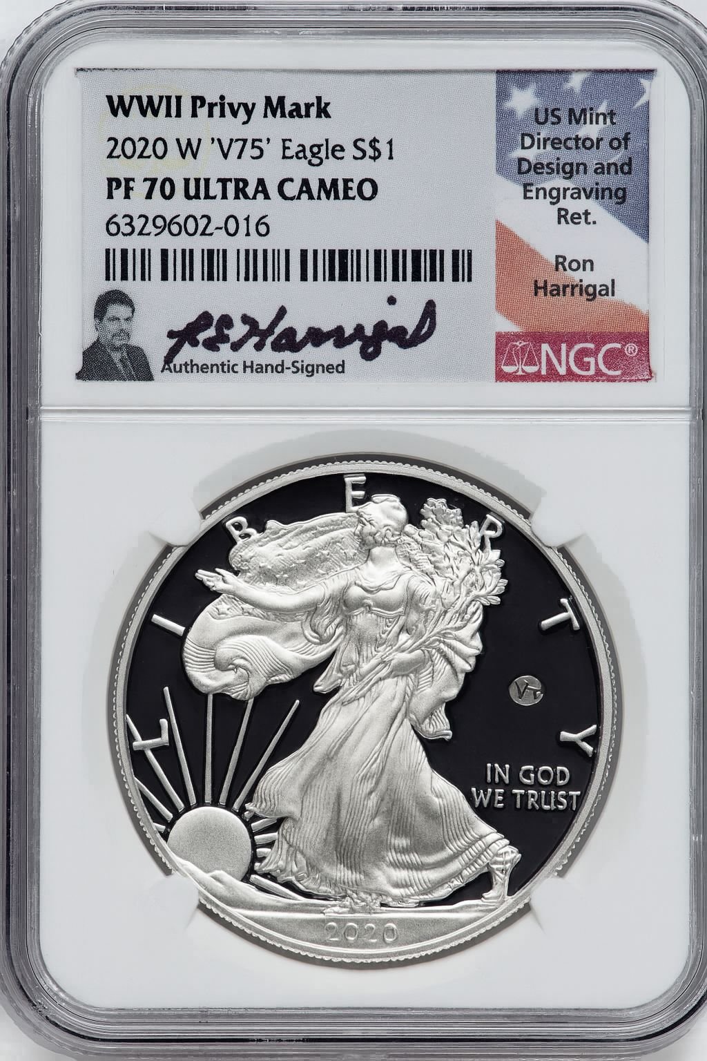 2020-W Silver Eagle v75 WWII NGC PF70UCAM Ron Harrigal Signed