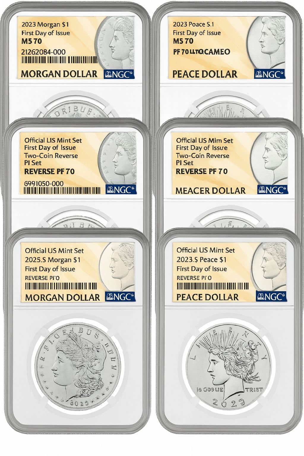 2023 Morgan and Peace Silver Dollar 6-Coin Set FDI NGC MS70/PF70/RP70