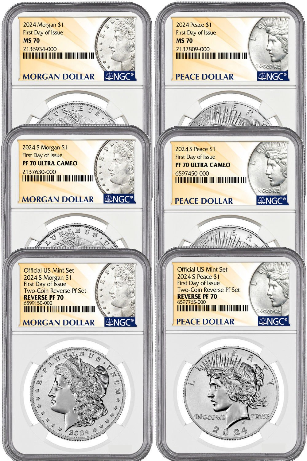 2024 Morgan and Peace Silver Dollar 6-Coin Set FDI NGC MS70/PF70/RP70
