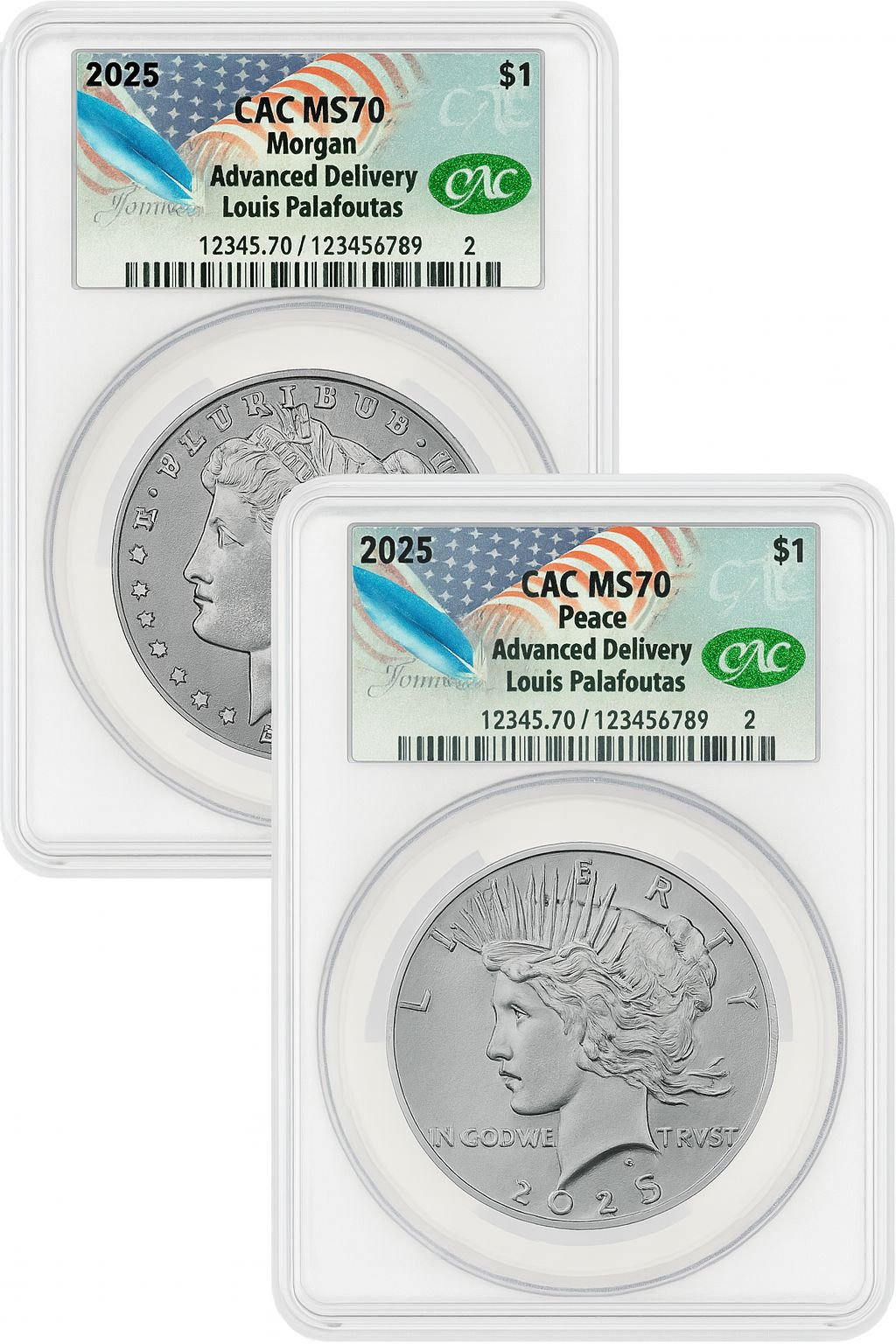 2025 Morgan and Peace Silver Dollar 2pc Set AD CAC MS70 Founders Label
