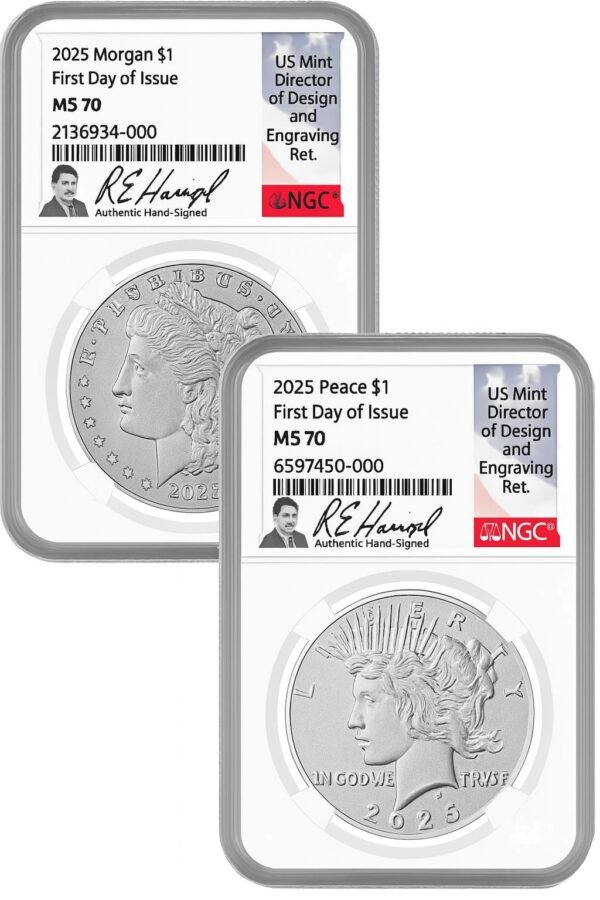 2025 Morgan and Peace Silver Dollar 2pc Set FDI NGC MS70 Harrigal