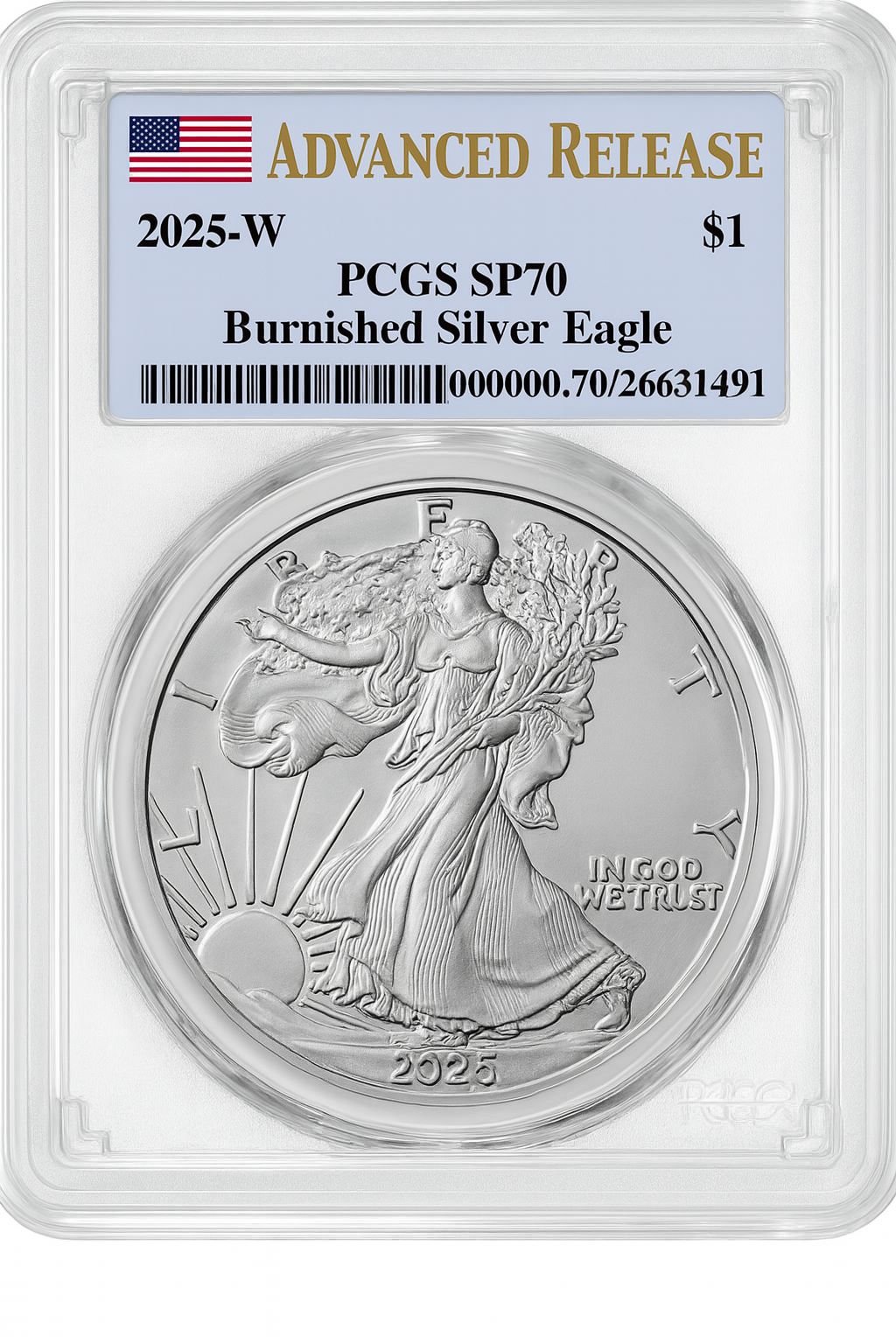 2025-W Burnished Silver Eagle Advanced Release PCGS SP70