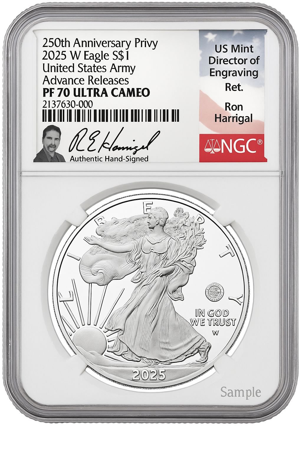 2025-W Silver Eagle 250th Anniversary U.S. Army Privy AR NGC PF70 UCAM Harrigal