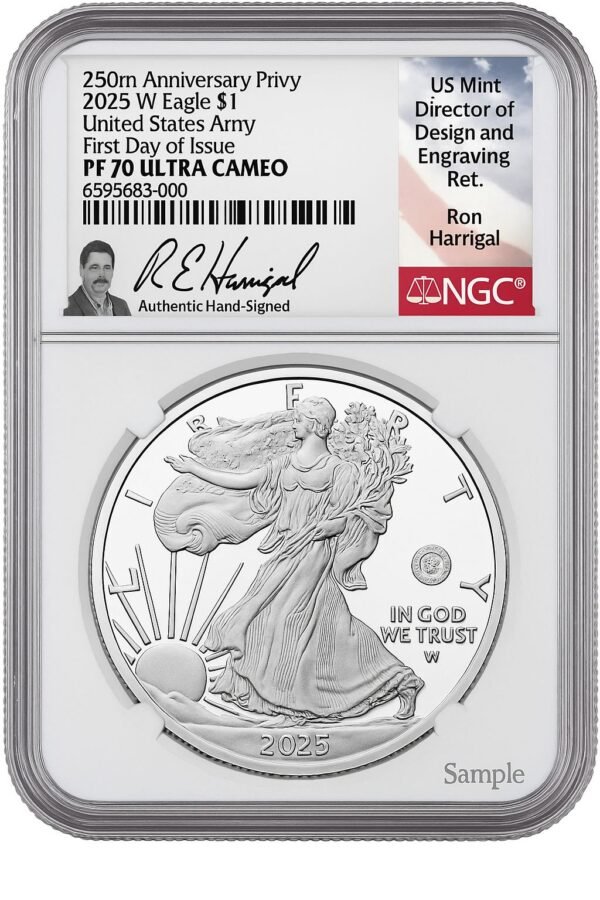 2025-W Silver Eagle 250th Anniversary U.S. Army Privy FDI NGC PF70 UCAM Harrigal