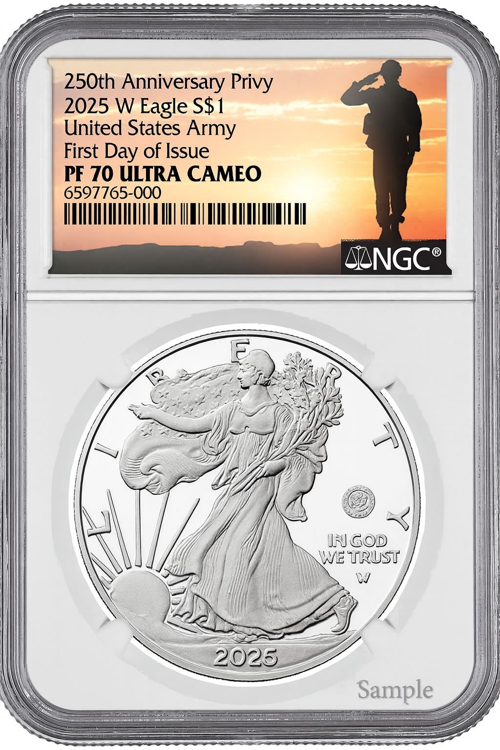2025-W Silver Eagle 250th Anniversary U.S. Army Privy FDI NGC PF70 UCAM Salute Label